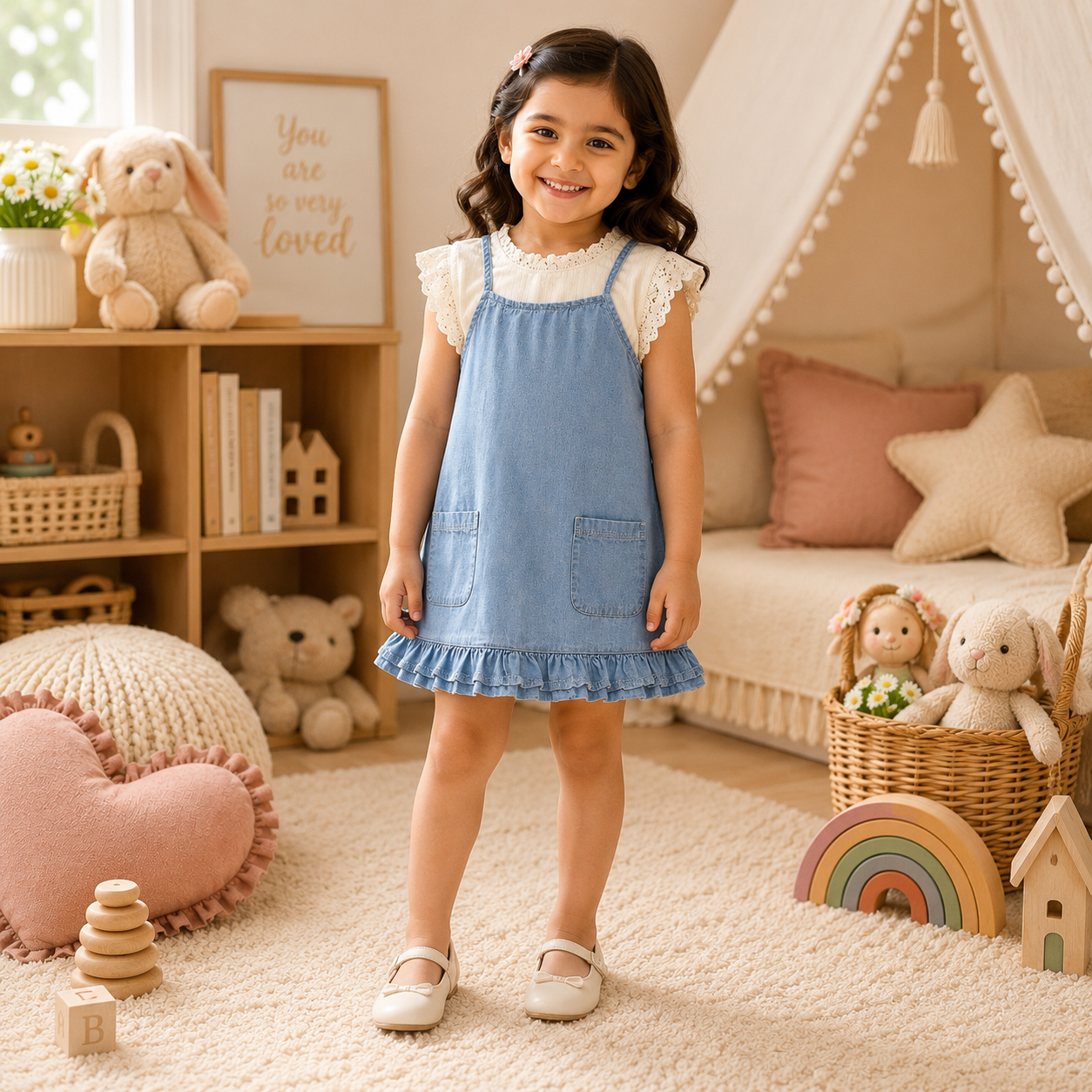 Denim Pinafore with Lace Top