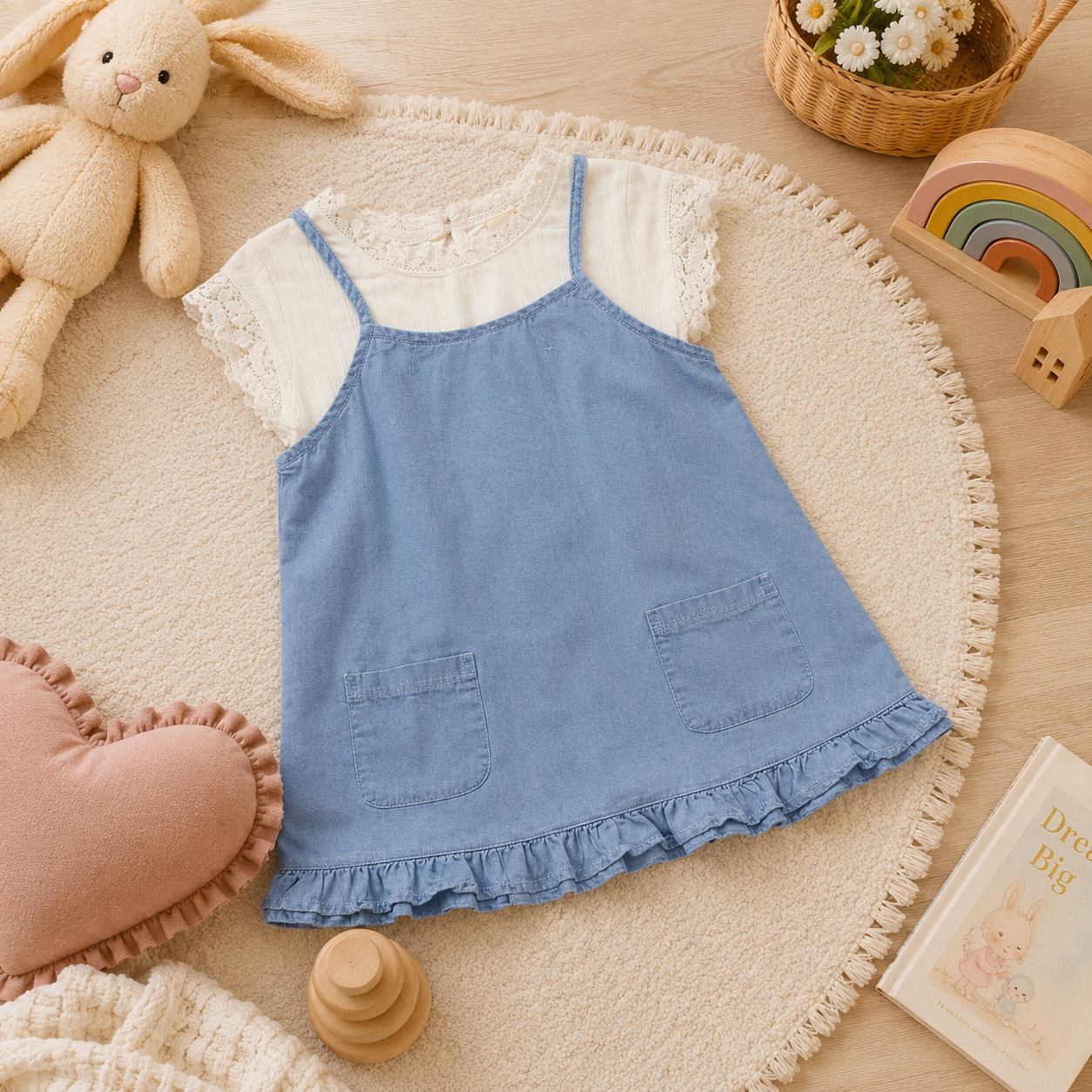 Denim Pinafore with Lace Top