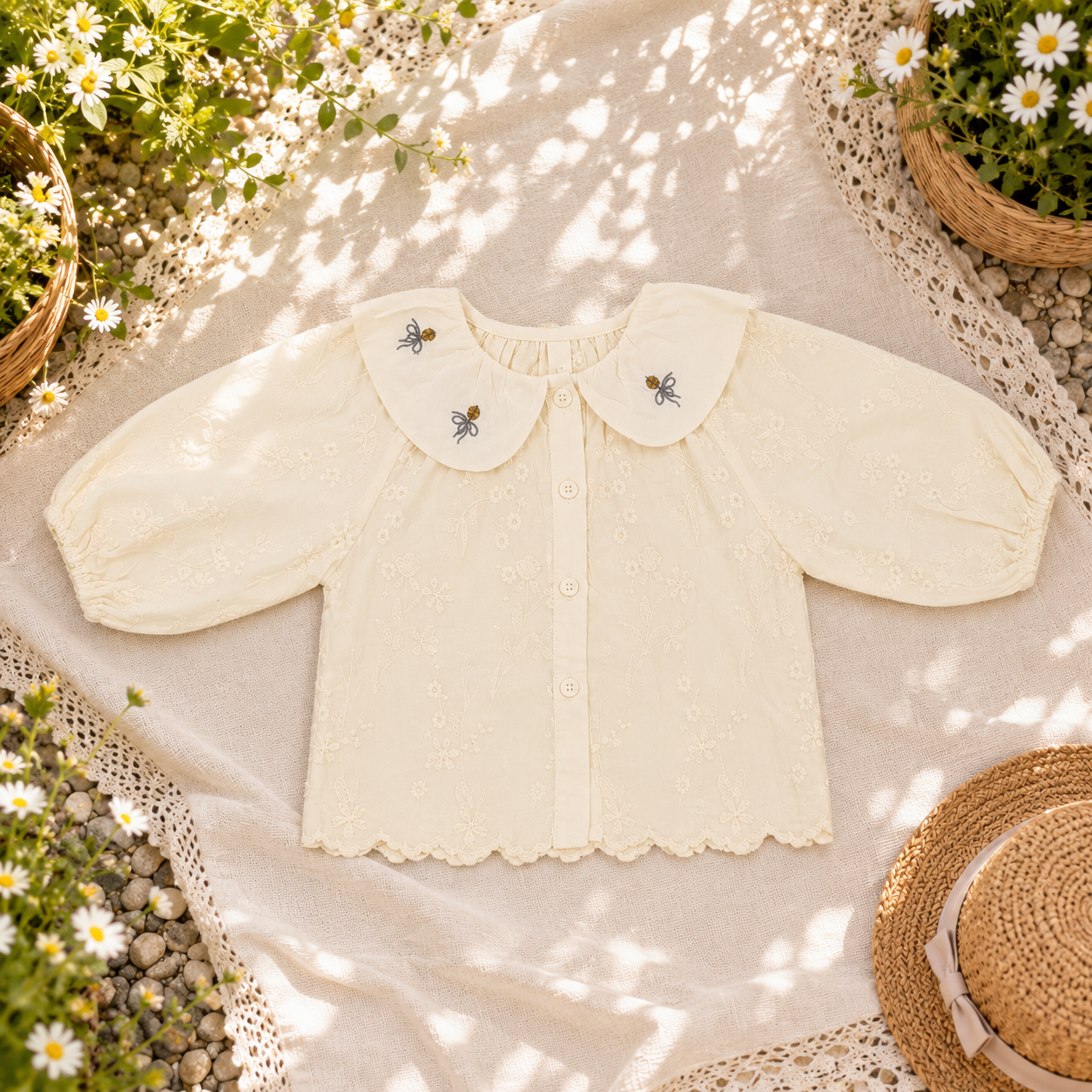Floral Embroidery Collar Top