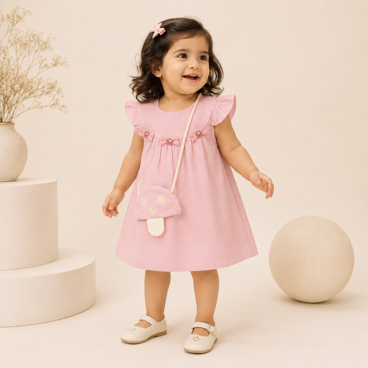 Pink Frock with Mushroom Bag